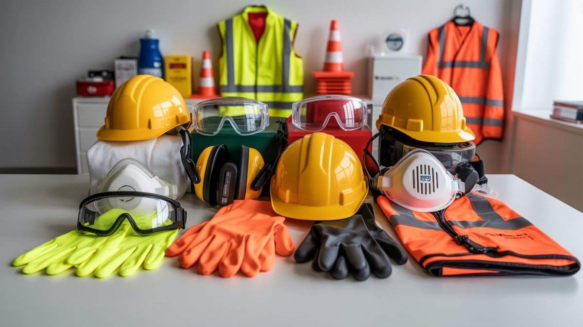 Personal Protective Equipment collection - hard hats, safety goggles, gloves, and respiratory masks